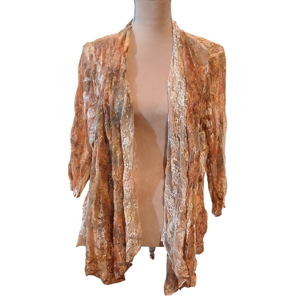 Frazzle L Orange Floral Lace Open Front Cardigan Sheer Wrap Top Fairy Feminine
